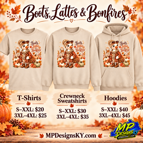 Boots, Lattes & Bonfires sand T-shirt, crewneck sweatshirt and hoodie