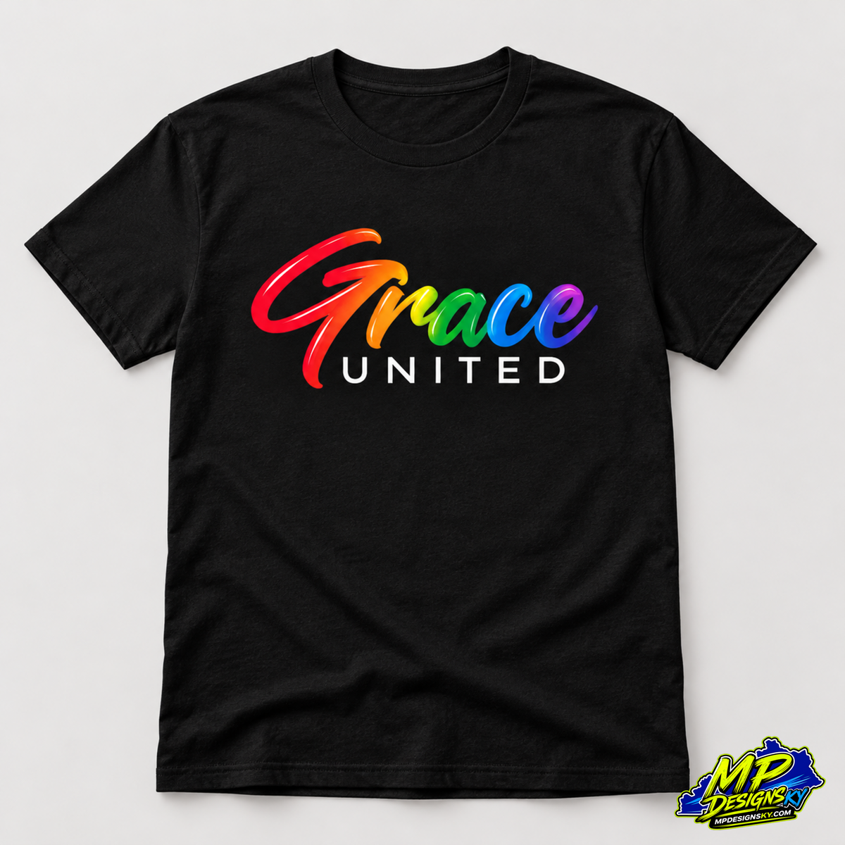 Grace United rainbow design printed on a black unisex T-shirt