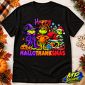 Happy Hallothanksmas design on a black unisex T-shirt