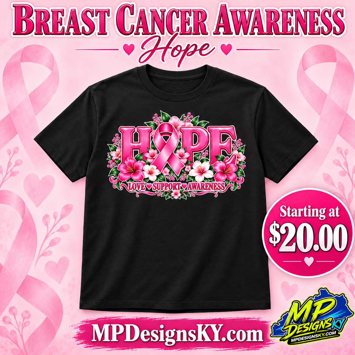 Hope Floral Breast Cancer Awareness T-Shirt on a black unisex T-shirt