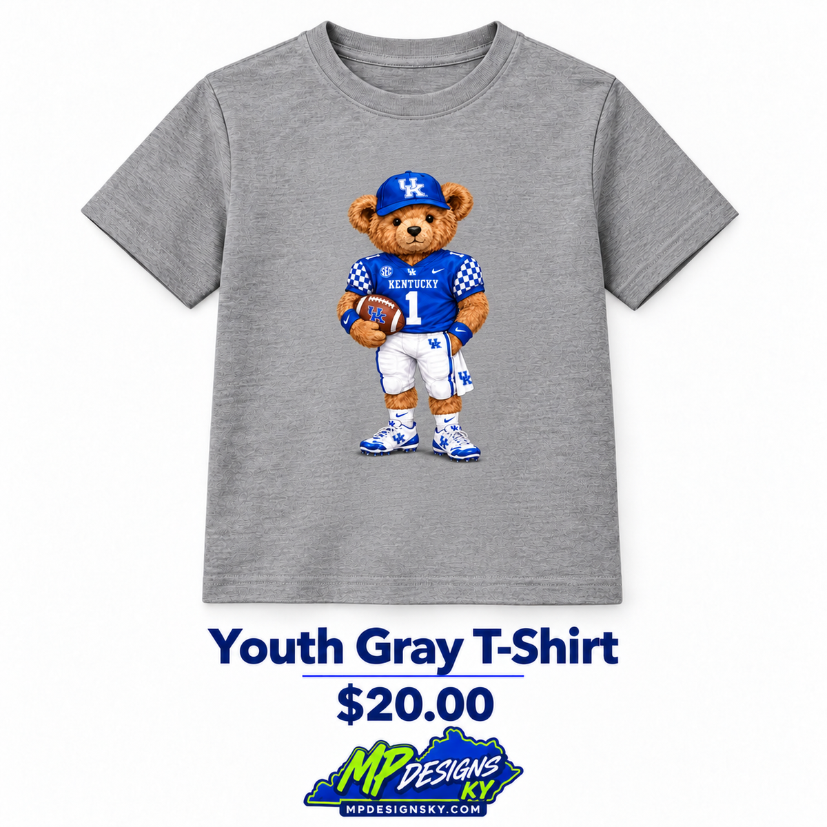 Youth gray T-shirt with Kentucky football bear design