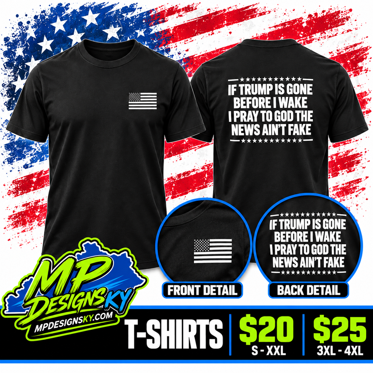 Black front and back American flag statement T-shirt, MP Designs KY