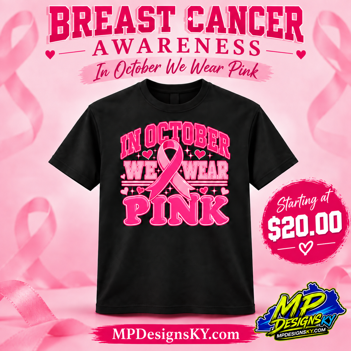 In October We Wear Pink Breast Cancer Awareness T-Shirt on a black unisex T-shirt