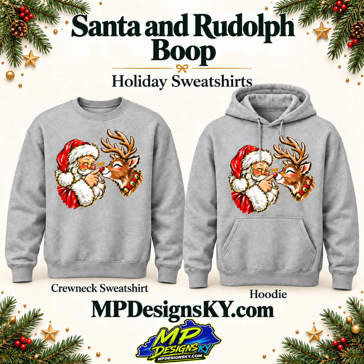 Santa and Rudolph Boop crewneck sweatshirt and hoodie in athletic gray