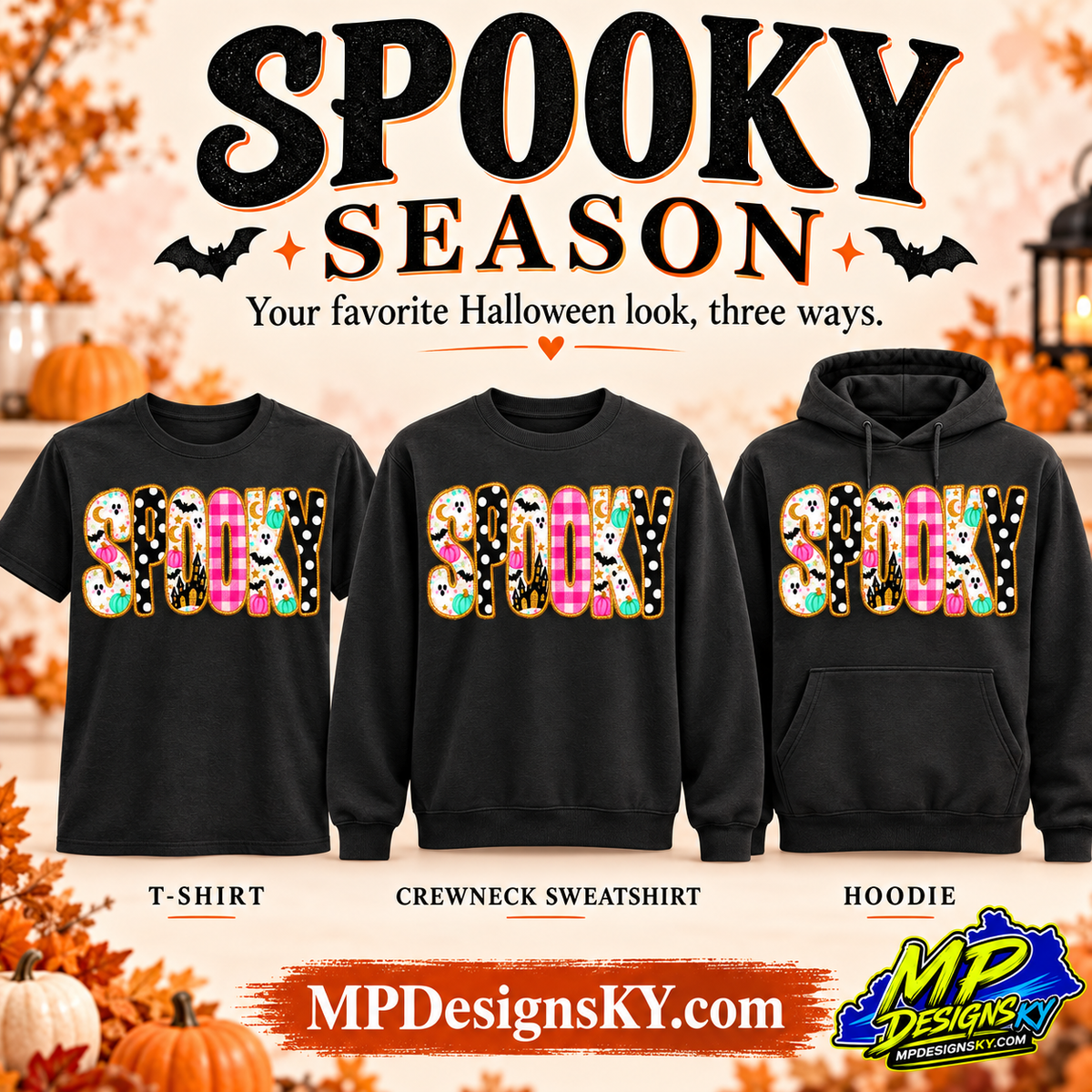Spooky Halloween black T-shirt, crewneck sweatshirt and hoodie