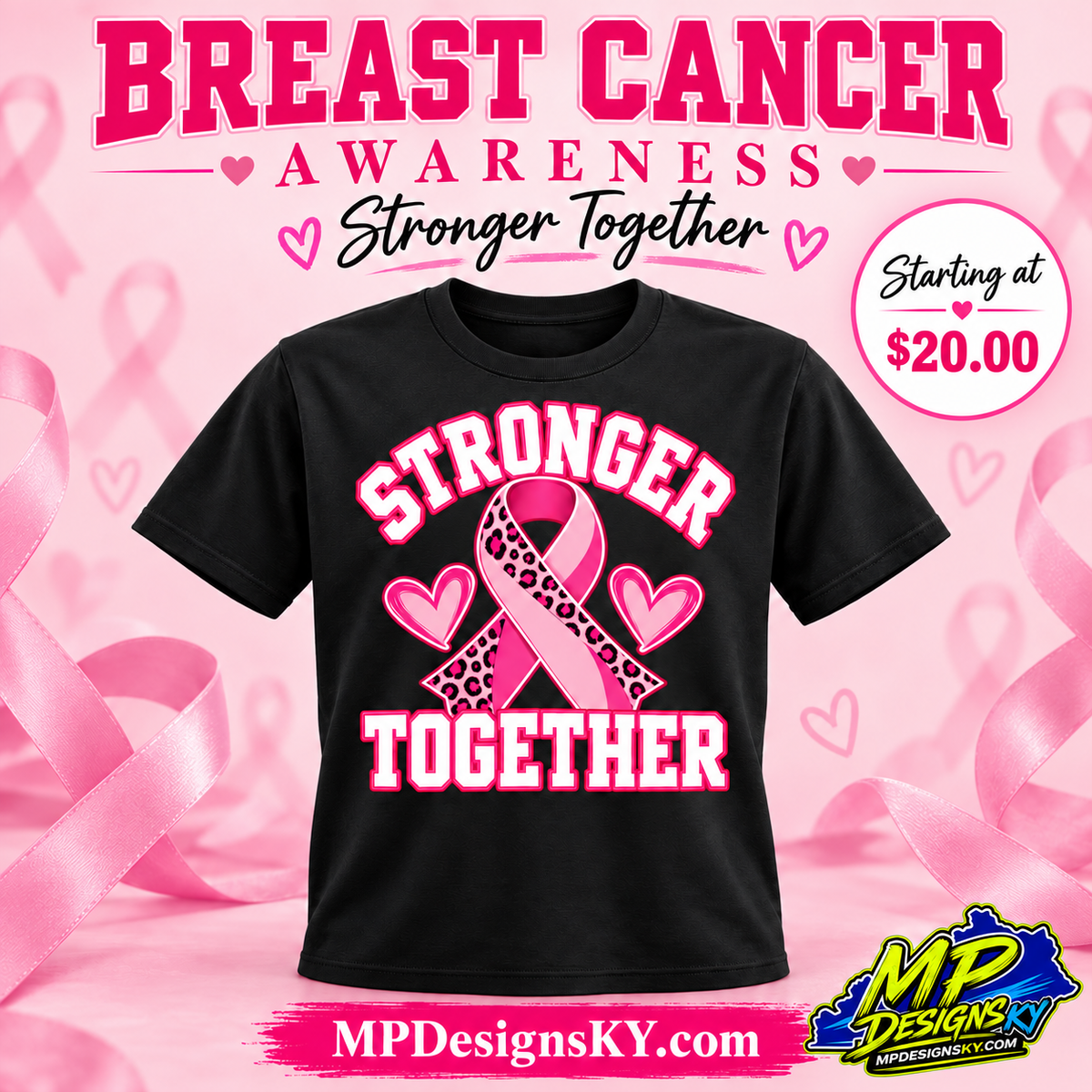 Stronger Together Breast Cancer Awareness T-Shirt on a black unisex T-shirt